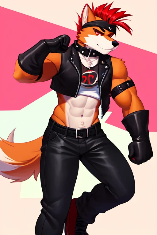 Furry, anthropomorphic wolf, orange fur, red hair, mohawk hairstyle, red eyes, 50" Chest, 21" Shoulders, 17" Biceps, 36" Waist, 25" thighs, 17" calves, 20" back, wearing black bandana around forehead, wearing black leather biker vest, wearing white t-shirt with sleeves ripped off, wearing black leather pants, wearing black leather boots, wearing red boxing gloves, punk aesthetic, biker aesthetic, soft colors, vivid colors, pastel colors, soft shading