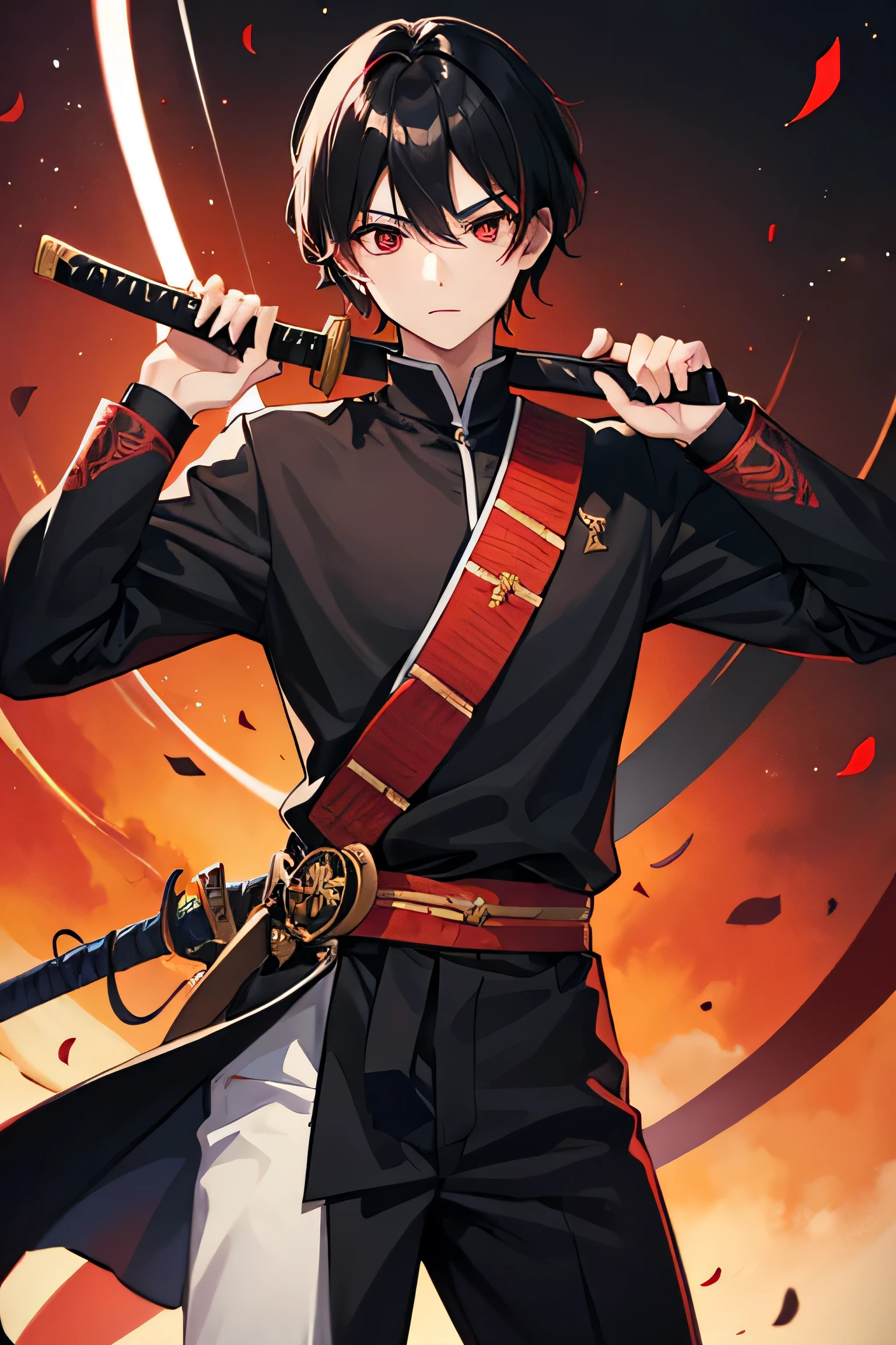 boy, young, Red eyes, black hair, katana