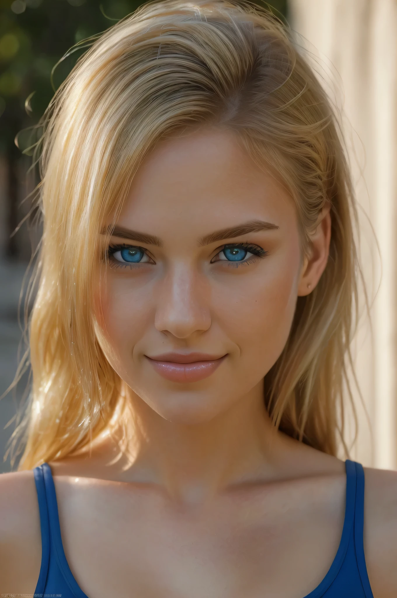 (best quality,4k,8k,highres,masterpiece:1.2),ultra-detailed,(realistic,photorealistic,photo-realistic:1.37),professional,portrait,fit girl, realistic blue eyes ,detailed facial features,attractive captivating sexual tease smile expression,low 20s,aesthetically pleasing,golden blonde hair,flawless skin,headshot,subtle makeup,subdued lighting