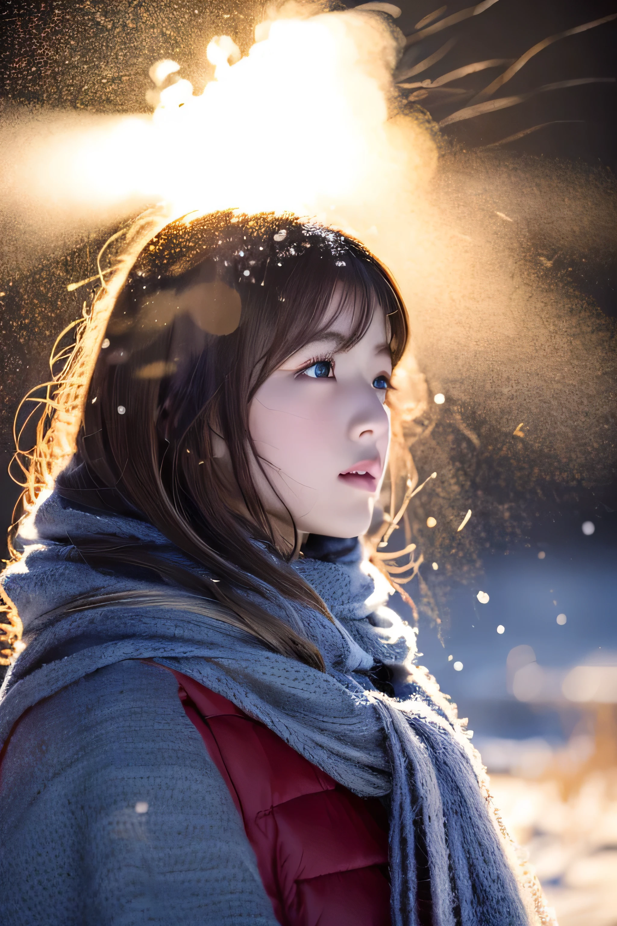 ((Girl staring at something、hair blowing in the wind、No makeup:1.2))、(realistic、Photoreal、super detailed、best detailed skins、highest quality、masterpiece、超A high resolution)、cute russian woman、14 years、high school girl、young girl、1 girl、have bangs、ash blonde:1.7、double eyelid、drooling eyes、Japanese style face、purity、realistic skin type、thick muffler、Gray muffler、fluffy hair、((There&#39;s hair in the scarf:1.3))、red cheeks、The wind is blowing、It&#39;s snowing、night、illumination、lighting from behind、hair blowing in the wind