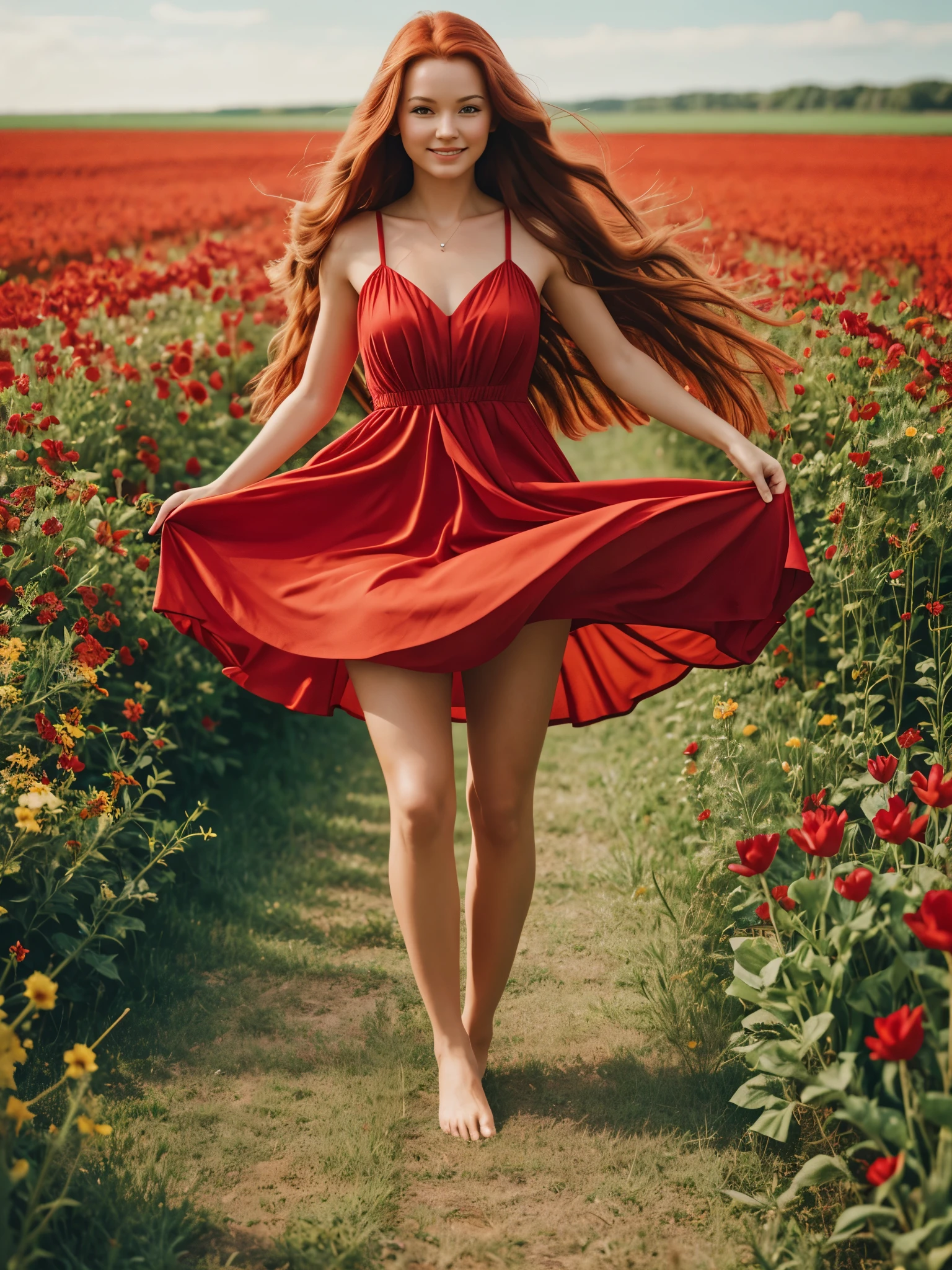 create a realistic image of a woman in a flower field, wearing a red dress, barefoot, long red hair, fair skin.  she should be dancing happily.