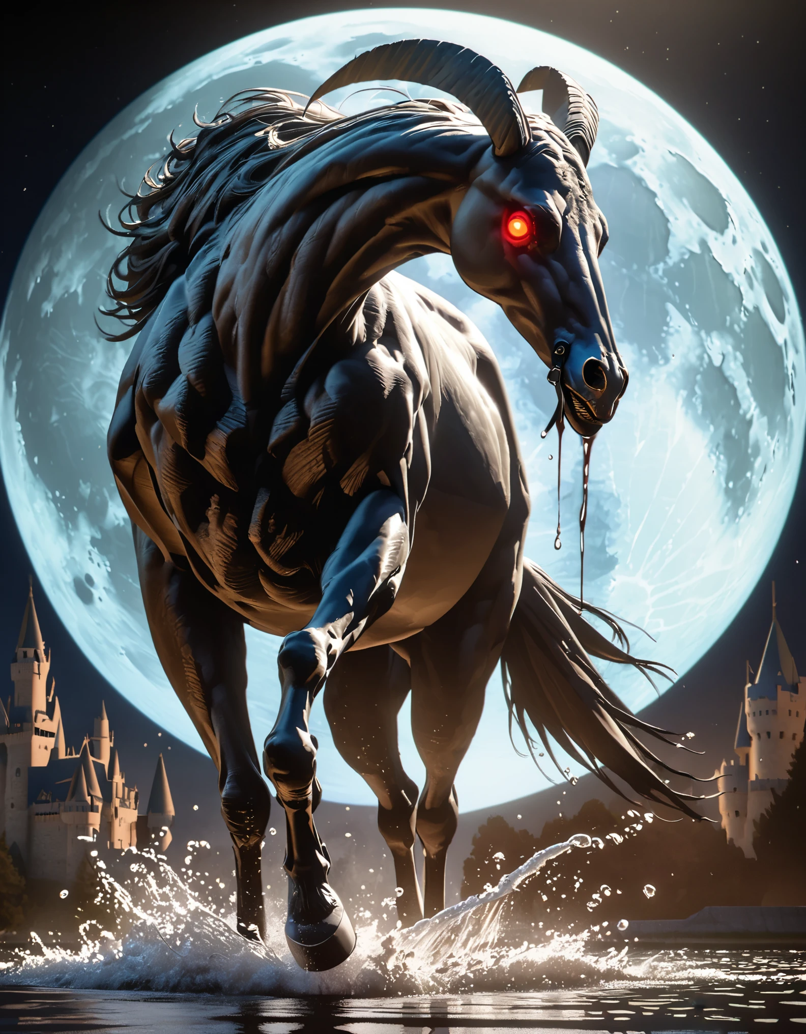 night,huge moon,Cool colors,Anatomy Drawing,Rich details,Crow with bloodshot eyes,standing water,gravel,full body portrait,Black castle background,Real light and shadow contrast,Realistic ray tracing,True light falloff,anti-aesthetic style,Poodlepunk,Snapshot aesthetic style , --q 2 --s 180 --ar 9:16 --v 6