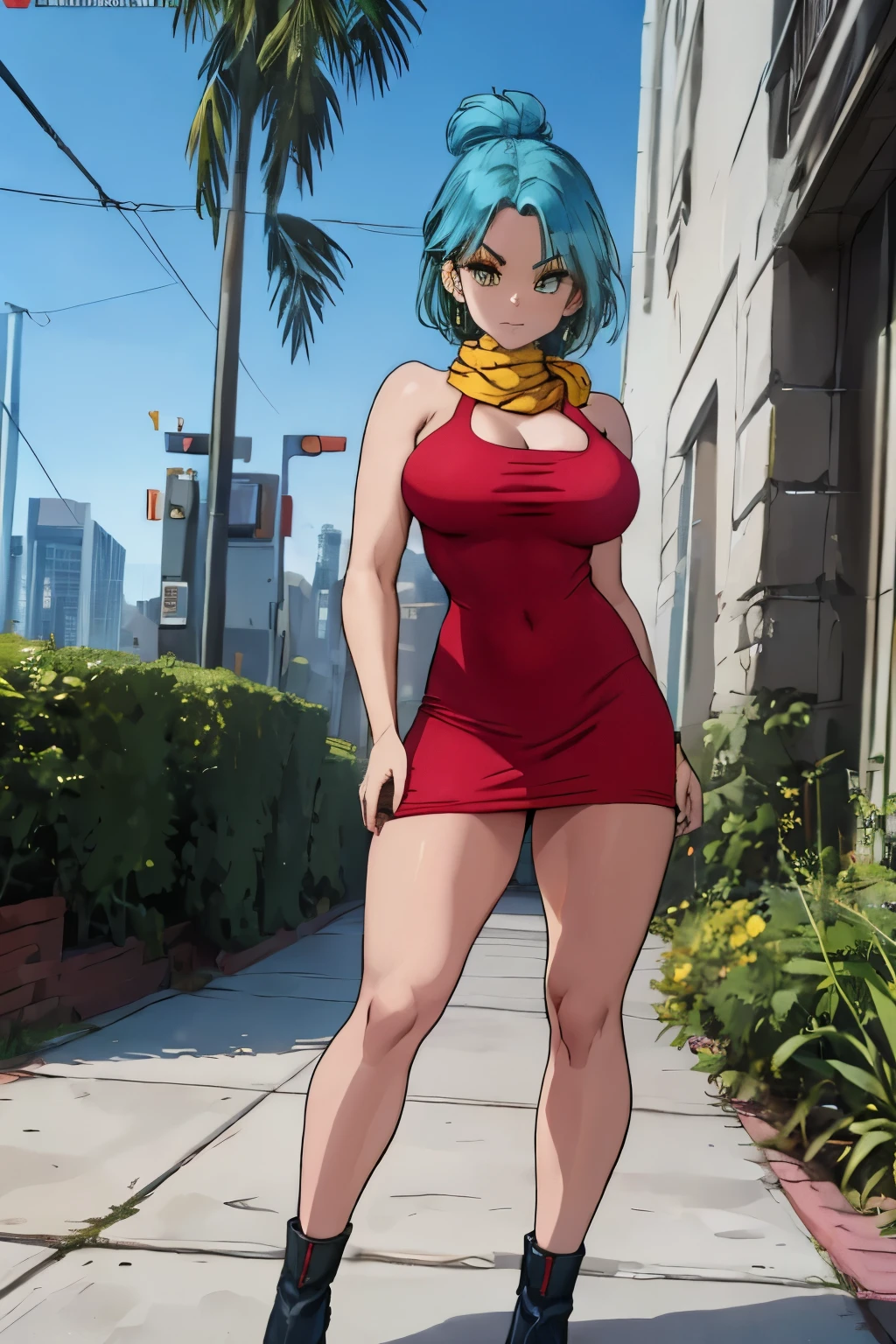 best qualty full body visto desde abajo ((cabello azul corto)), (( Yellow scarf around the neck)), (( ojos azules)),, (( rostro hermoso)),  ((bulma  anime  dragon ball z)) (( vestido rojo)) mujer 30 years old, ((cabello azul corto)), (( con curvas)),(( una bufanda amarilla)),  (( vestido muy corto)) (( piernas fuertes)), (( cintura muy angosta)) hay una mujer con un vestido rojo y una bufanda amarilla, vestido apretado, vestimenta ajustada, succubus in short tight dress, vestido sexy, faye valentine, linda chica con traje de tanque, skinvestido apretado, better known as amaranto, amaranto, He wears a bathing suit, usando ropa sencilla y ajustada, cintura delgada y caderas gruesas , alto detalle 8K, piel perfecta. 12K HDR