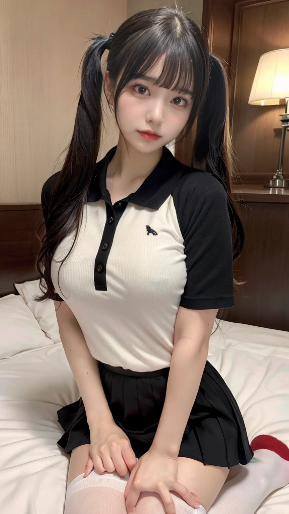 muste piece, best quality, illustration, Super detailed, fine details, High resolution, 8K,wall paper, perfect dynamic composition,(Details High quality, realistic depiction of eyes:1.3), (Polo shirt with collar), pleated skirt, knee high socks, twintails, Lying down, black hair color, Big Natural Color Lip, bold sexy pose, (perfect body shape), crying a little、cold gaze, Harajuku style、20 year old girl、cute type、ta、beautiful legs, hotel room, hposing Gravure Idol, Voluptuous thighs