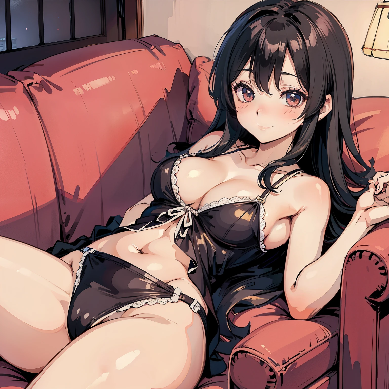 a girl, lying on the sofa, looking happy, Chinese animation style, looks depressing, high quality, Super detailed, Crazy details, 4K