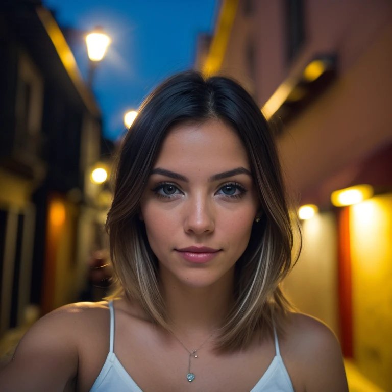 (Selfie, Vista superior: 1.4), (mitad recta del cuerpo: 1.4), RAW uhd portrait photo of a 24 year old blonde (Mujer de ojos azules) walking down a dark alleyway, tetas grandes,, Ciudad de noche, ( falda), (detalle), Detalles (tejido! , cabello! , brillar, Color!! , Desventajas: 1.1), Ojos brillantes con alto nivel de detalle (staring at the camera), SLR lighting, SLR camera, Calidad Ultra, agudeza , Profundidad de campo, Film grain (centro), Fujifilm XT3, Cristalina, Centro del marco, Cara hermosa, sharp focus, street light, fluorescent lighting, Bokeh (Poca luz), Noche, (cielo nocturno), poros detallados de la piel, piel grasa, quemadura, Detalle ocular complejo, cuerpo entero, tetas grandes,