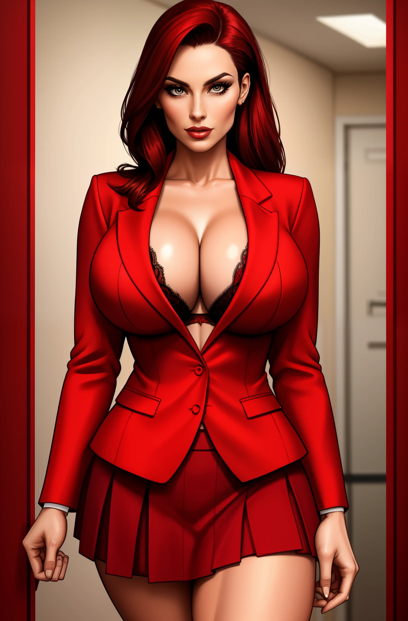 Brassiere, red skirt, red blazer, no shirt