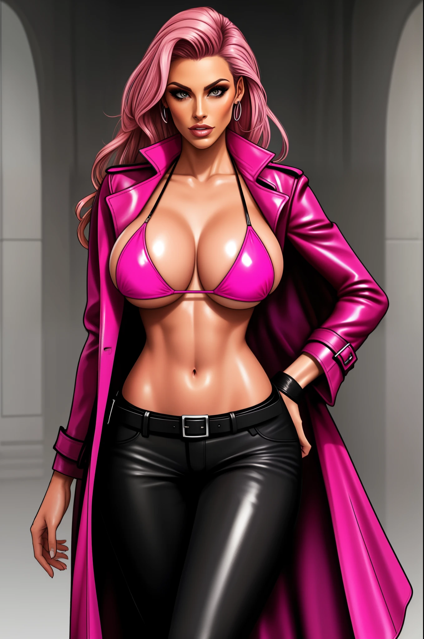 pink bikini, black leather trenchcoat