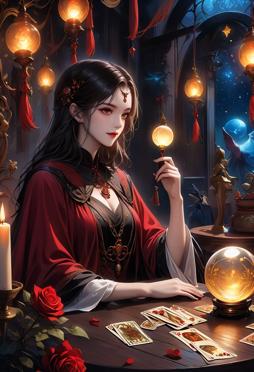 A beautiful and mysterious fortune teller in a compact and intriguing setting. The fortune teller is wearing a cloak, with exquisitely detailed facial features.
The scene is dimly lit, creating an atmosphere of uncertainty and anticipation. The fortune teller is sitting at a table, which is adorned with tarot cards, a crystal ball, and a deck of tarot cards. The table is surrounded by wax candles, adding to the mysterious ambiance.
The lighting in the room is dark, casting intriguing shadows that enhance the mystical atmosphere. The fortune teller is holding a tarot card, gazing into its symbols to provide insights into the future.
The overall artwork should be of the best quality, with a resolution of 4k or 8k. The level of detail should be ultra-detailed and realistic, almost approaching photorealism.
The artistic style should reflect an official aesthetic, with vivid colors and strong contrasts. The color tones should enhance the mysterious and mystical themes of the artwork.
The fortune teller's cloak is adorned with an intricate design, featuring metallic borders with a thickness ratio of 1.5. Additionally, there should be decorative rose borders incorporated into the composition.
The scene should have a magical aura, resembling a night sky filled with stars. The fortune teller's expression should convey a sense of mystery and intrigue.