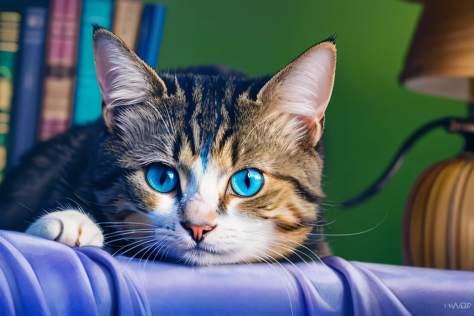 cat picture with a colorful face and eyes, Beautiful art UHD 4K, detailed painting 4k, art：Alessandro Pautasso, in a cat picture, Rich in color and detail, painted in bright light blue, Vadim Kashin. surreal, cat picture, Kitten Oil Painting, drawn in high resolution
