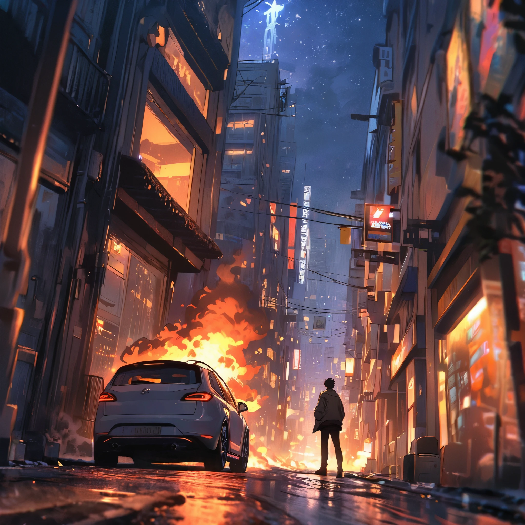 (high quality) solo, shirt, black hair, 1boy, stand, jacket, scenery, car behind, building, night, (depth of field), chaotic burning streets, beautiful night sky