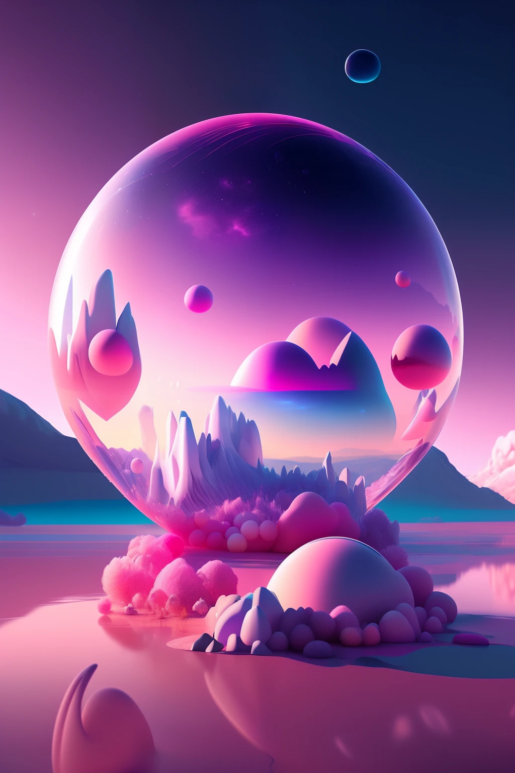In the heart of a surreal universe, a mesmerizing scene unfolds as countless bubbles of various sizes fill the vast expanse around you. Pink hues tint the air, adding a fantastical touch to this otherworldly realm. Each bubble, meticulously rendered in octane, glows with an inner radiance, reflecting the ethereal light that permeates this universe. The delicate interplay of light and color against the dark backdrop of space creates a sensation of wonder and curiosity. Gaze into this pink bubble landscape and allow your imagination to soar. ((surreal masterpiece)), ((fantasy 8k)), octane rendering, pink universe, realistic bubble effect, artistic rendering