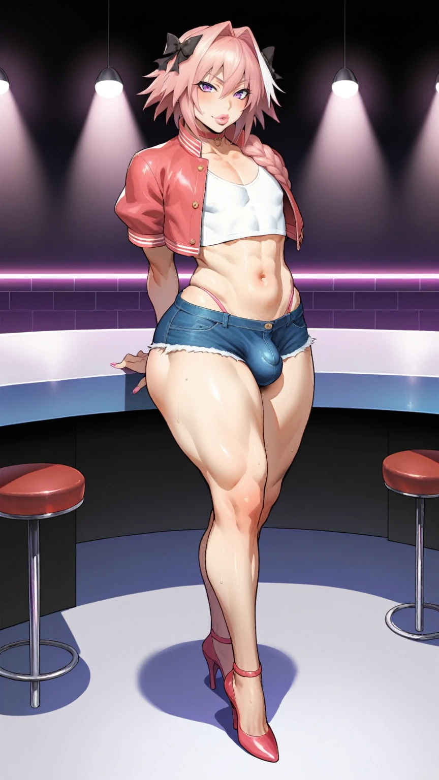 score_9,score_8_up,score_7_up, source_anime, asanagi, 1boy, ((femboy)), astolfo, fate, bimbo lips, bimbo, huge thighs, solo, stomach, crop top, cropped jacket, smacking lips, purple eyes, looking at viewer, high heels, bimbofied, denim shorts, indoors, arms behind back, ikuchan, ikarou, strip club, bulge