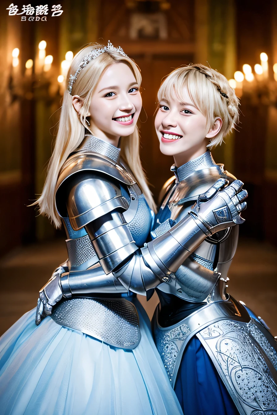 high quality、８ｋ、Two female knights embracing each other、The background is a room in a castle.、Luxurious Silver Armor、smile、beautiful teeth、full body photo、hairstyle short cut、ear piercing、white woman、blonde hair、blue eyes、Gummy Smile、、heavy makeup、