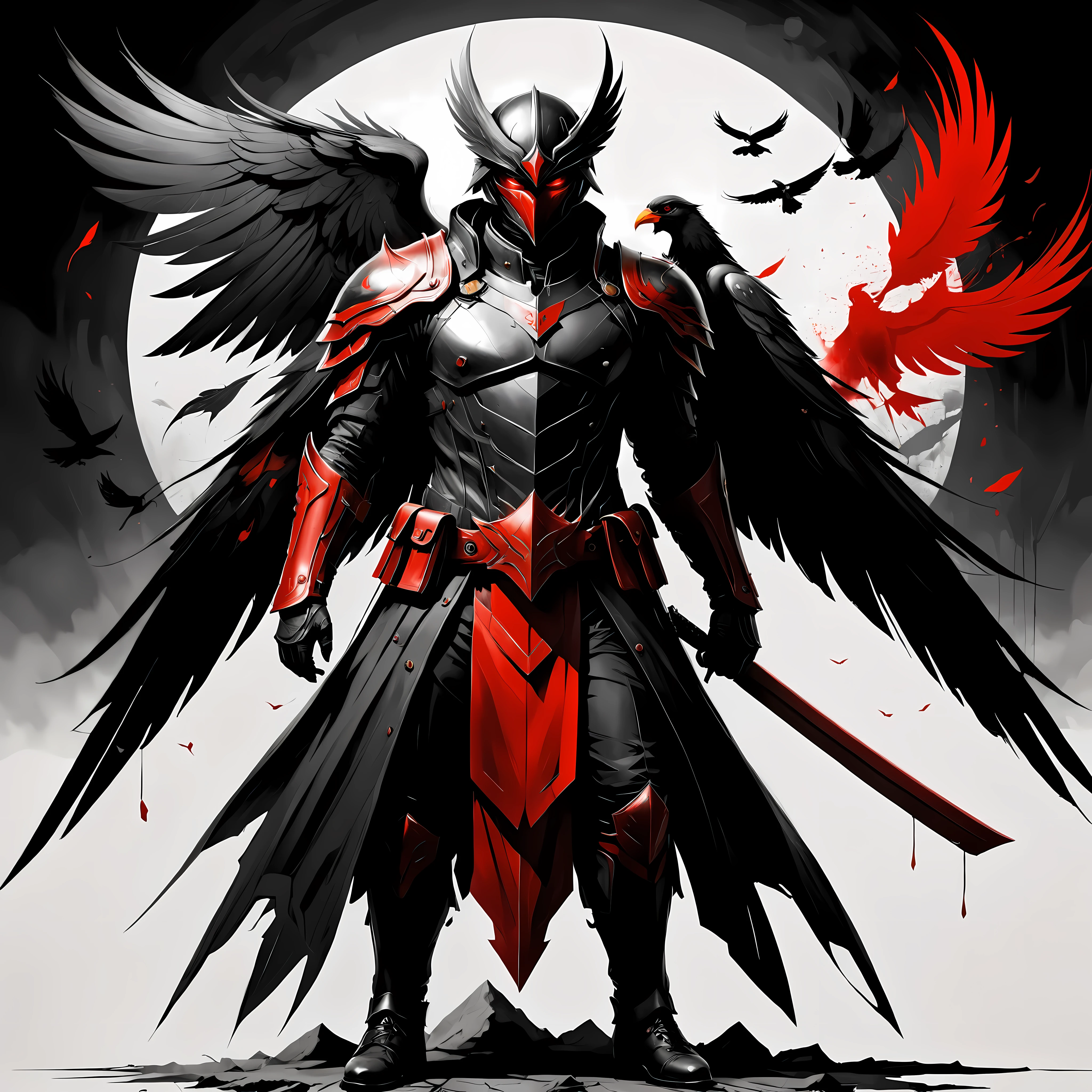 ((Full body):1.2),((Selective color):1.1), Drawing of a Karasu Tengu in Modern Military Uniform with Red Eye, silhouette of crow in background, smooth lines, fine art piece, Express expressions and postures through ink contrast, emphasize light, shadow and space. figurative art, (best quality, 4K, 8k, high resolution,masterpiece:1.2) ,(actual, photoactual, photo-actual:1.37). ((perfect_composition, perfect_design, perfect_layout, perfect_detail, ultra_detailed)), ((enhance_all, fix_everything)), More Detail, Enhance.