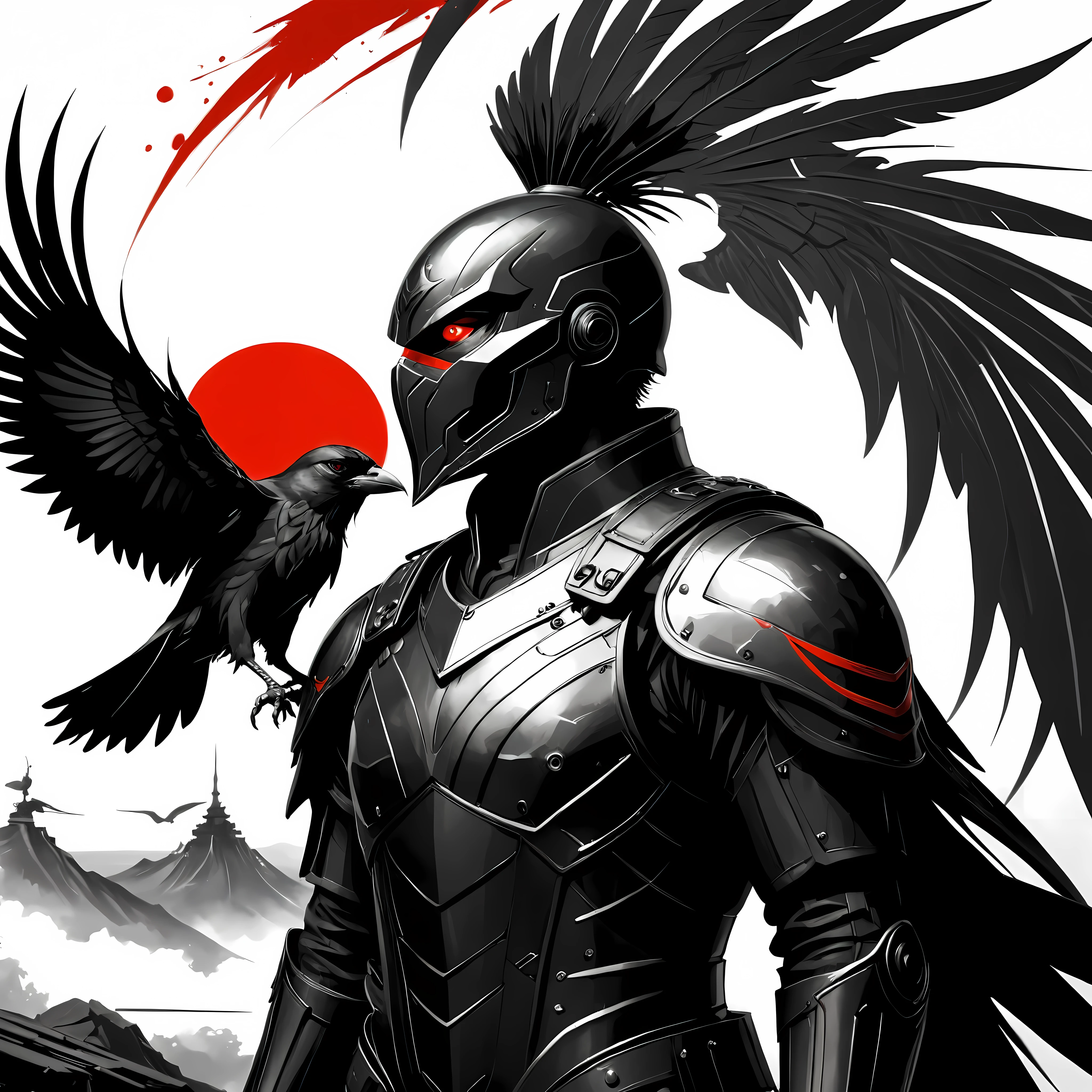 ((Full body):1.2),((Selective color):1.1), Drawing of a Karasu Tengu in Modern Military Uniform with Red Eye, silhouette of crow in background, smooth lines, fine art piece, Express expressions and postures through ink contrast, emphasize light, shadow and space. figurative art, (best quality, 4K, 8k, high resolution,masterpiece:1.2) ,(actual, photoactual, photo-actual:1.37). ((perfect_composition, perfect_design, perfect_layout, perfect_detail, ultra_detailed)), ((enhance_all, fix_everything)), More Detail, Enhance.