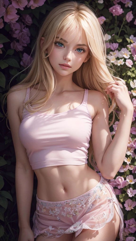 (highres:1.2),blonde girl,beautiful detailed eyes,long eyelashes,delicate nose,rosy lips,tank top,fitted body,standing in a vibrant garden,green grass,blooming flowers,soft sunlight,subtle breeze