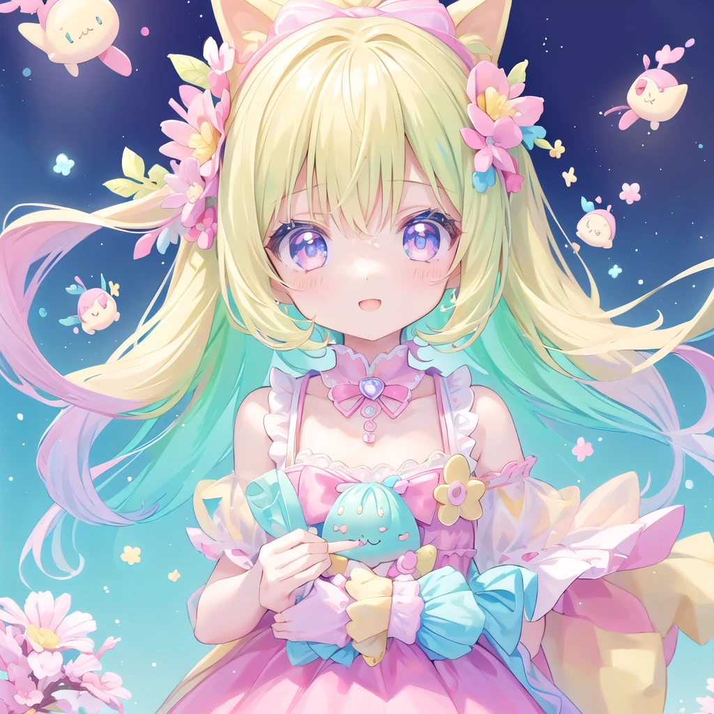 masterpiece, (million 2girls and 2girls and 2girls and 2girls), idol, closeup, big eyes, kawaiitech, kawaii, cute, pastel colors, best quality, happy, deep background, symmetrical, tilted head, spring