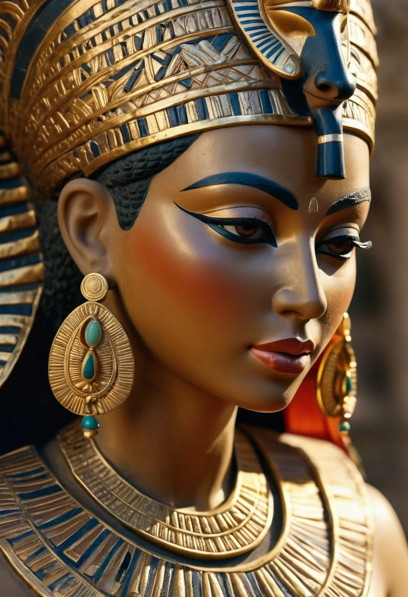 (best quality,4K,highly detailed),ancient Egyptian-style stone statue of a woman, chubby, soft skin, voluminous, seductive face expression, seductive smile, mesmerizing eyes, intricate headdress, delicate features, delicate carving details, smooth texture, captivating pose, elegant posture, radiant beauty, majestic presence, mystical aura, adorned with jewels and gold, regal attire, flowing robes, elaborate patterns, intricate engravings, rich color palette, warm earth tones, golden accents, soft lighting, dramatic shadows, mesmerizing gaze, enchanting atmosphere.