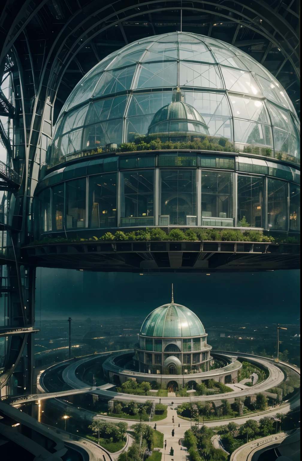 Can you create for me an image of a very ecological futuristic city surrounded by a dome of greenhouse gases a transparent dome