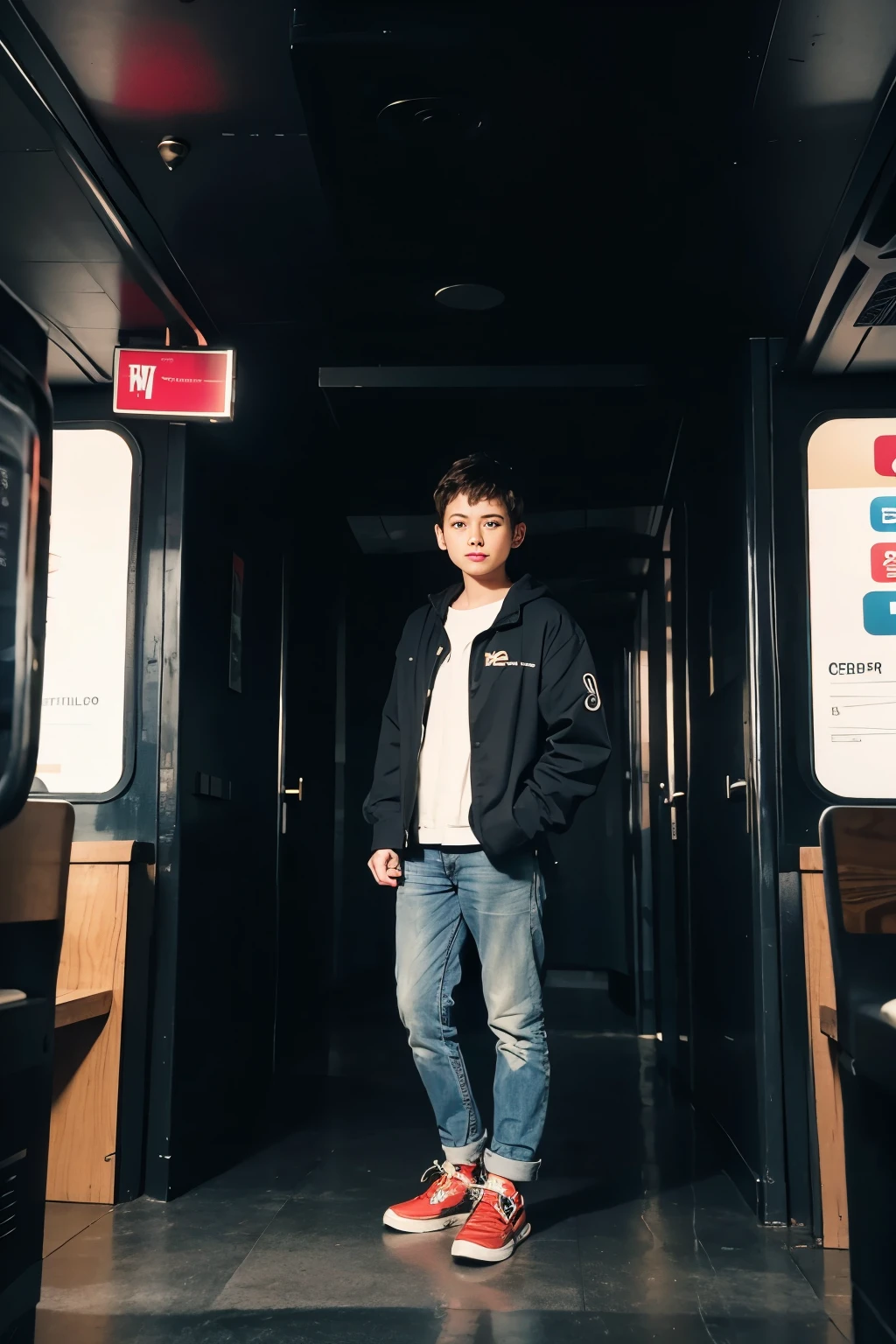 One boy standing above train
