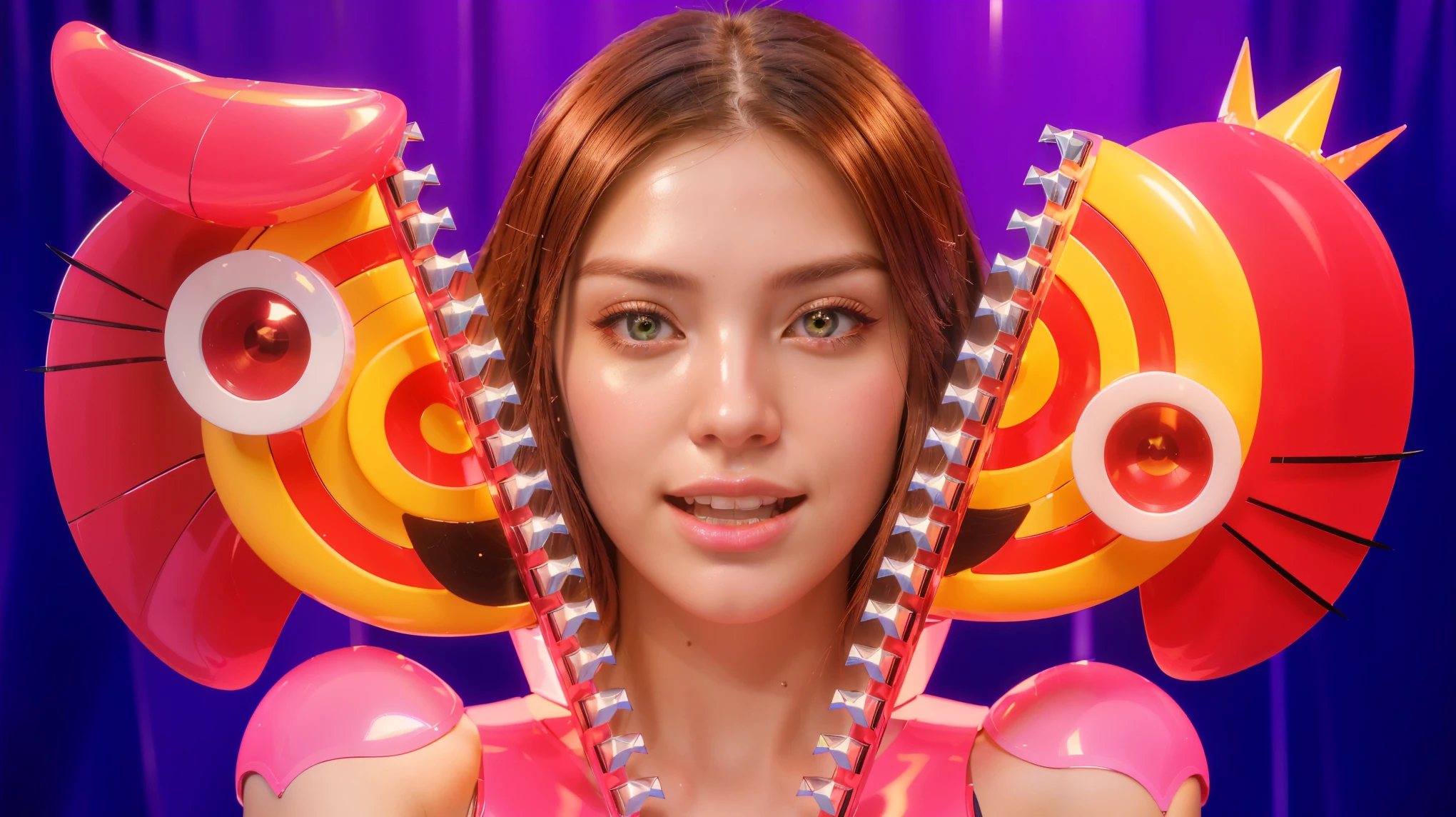The image features a young Asian woman with red hair, surrounded by various objects such as a pink heart, a red crown, a pink devil horn, and a pink bthere is a девушка ребенок holding a toothbrus, beautiful smooth smooth clear glossy latex hair hairstyle, realistic smooth styled latex glossy hair, beautiful latex glossy hairstyle with styling, straight hair, Portrait of Kim Petras, young , solid background, album's cover, wear a yellow jacket, young girl, young and sweet girl, official work of art, teenage girl, teenage girl, Artists, in a fighting pose, with blue background, Background removed, In a neon yellow sweatshirt, glossy texture, smooth 3d model, multiple light sources, rim light, sharp post effects render, (glossy plastic texture with multiple big light probe refractions), perfect cgi, smooth silhouette, high intensity refraction, (super glossy material), most beautiful vfx, blue background, plastic refractions, realistic, 4k, high resolution, rim light, photo shoot, commercial photo, profile shot, 4k, rim light, high resolution, 4k, glossy texture, smooth 3d model, multiple light sources, rim light, sharp post effects render, (glossy metallic texture with multiple big light probe refractions), perfect cgi, cgi art created only with gradients, smooth silhouette, high intensity refraction, (super glossy chrome material), most beautiful vfx, blue background, chrome metal refractions, multiple light sources, rim light, sharp post effects render, perfect cgi, digital art, detailed digital art, reflective, best quality, 4k, masterpiece:1.2, ultra-detailed, realistic, vivid colors, dark and moody lighting, The image of the highest quality, ensuring every detail showcased perfectly. It in 4k resolution, allowing viewers to immerse themselves in the richness of the colors and intricate details. The realistic rendering. under the spotlight, reflecting, high-resolution image, realistic rendering,, rim light photorealistic
