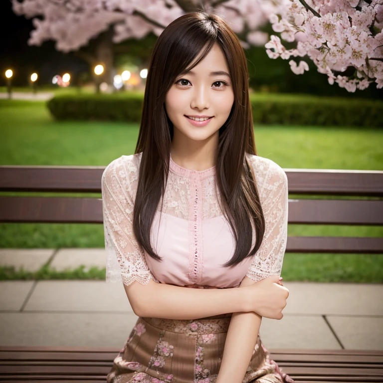 The eyes of a young, beautiful Japanese woman in the sex industry, sitting on a bench in a park at night, looking at me and smiling bitterly. Focal length 100mmf/2.8, spring night, cherry blossoms at night, cherry blossom petals starting to fall, falling on the soil and grass, well-shaped face, long hair, awkward smile, toned body, pink blouse with lace decorations. A skirt with a printed pattern in muted brown tones, transparent skin, close-up of facial expressions, bird's-eye view, sense of realism, 8K image quality, highest quality.