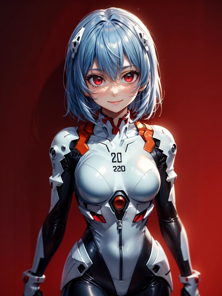 Masterpiece, highest quality, 8K, detailed skin texture, fine cloth texture, beautiful detailed face, intricate details, super detailed, portrait of Rei Ayanami, blue hair, red eyes, looking far away, no background, Evangelion Wearing a plug suit when riding, plug suit, whole body visible, standing, arms crossed, , beautiful, cute, great style, smiling