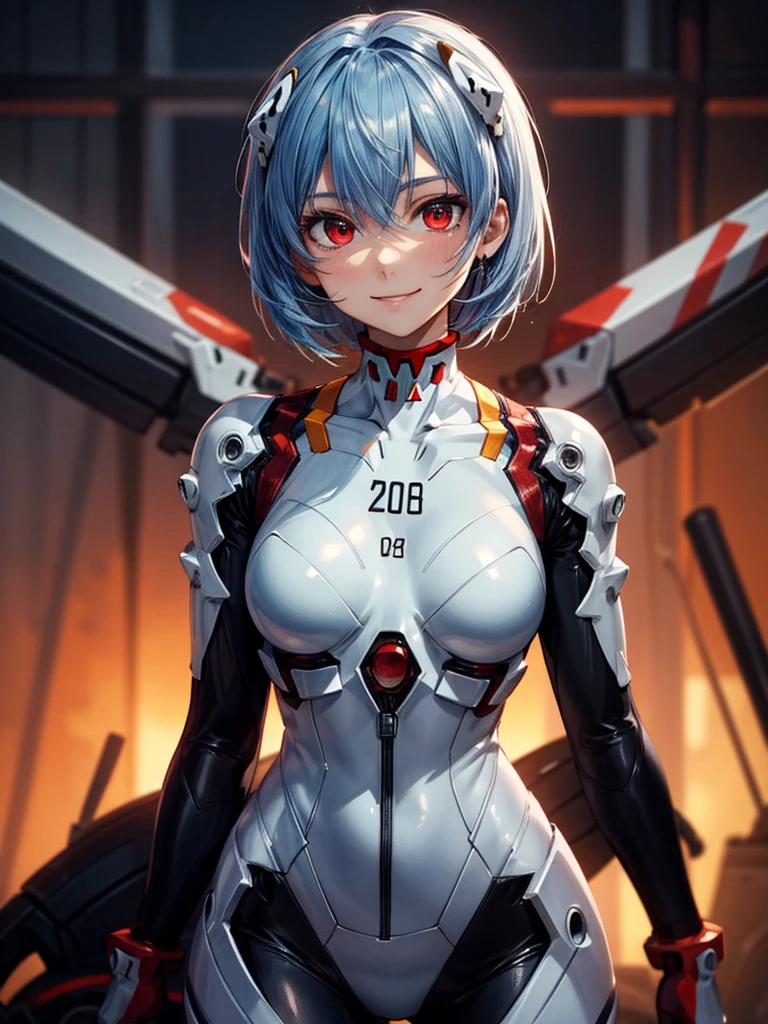 Masterpiece, highest quality, 8K, detailed skin texture, fine cloth texture, beautiful detailed face, intricate details, super detailed, portrait of Rei Ayanami, blue hair, red eyes, looking far away, no background, Evangelion Wearing a plug suit when riding, plug suit, whole body visible, standing, arms crossed, 15 years old, beautiful, cute, great style, smiling