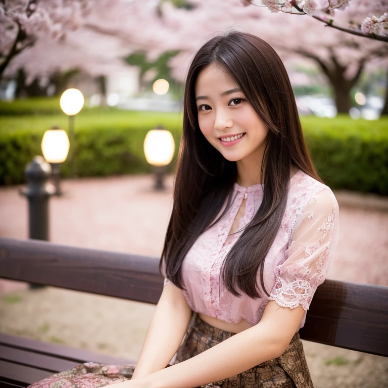 The eyes of a young, beautiful Japanese woman in the sex industry, sitting on a bench in a park at night, looking at me and smiling bitterly. Focal length 100mmf/2.8, spring night, cherry blossoms at night, cherry blossom petals starting to fall, falling on the soil and grass, well-shaped face, long hair, awkward smile, toned body, pink blouse with lace decorations. A skirt with a printed pattern in muted brown tones, transparent skin, close-up of facial expressions, bird's-eye view, sense of realism, 8K image quality, highest quality.