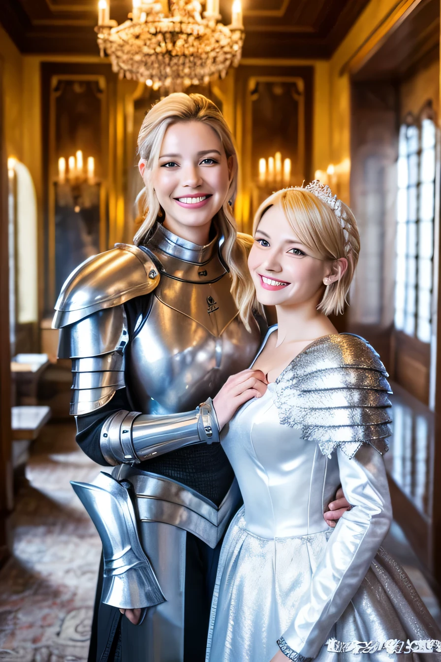 high quality、８ｋ、Two female knights standing shoulder to shoulder、The background is a room in a castle.、Luxurious Silver Armor、smile、beautiful teeth、full body photo、hairstyle short cut、ear piercing、white woman、blonde hair、blue eyes、Gummy Smile、、heavy makeup、