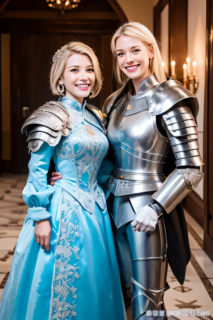 high quality、８ｋ、Two female knights standing shoulder to shoulder、The background is a room in a castle.、Luxurious Silver Armor、smile、beautiful teeth、full body photo、hairstyle short cut、ear piercing、white woman、blonde hair、blue eyes、Gummy Smile、、heavy makeup、