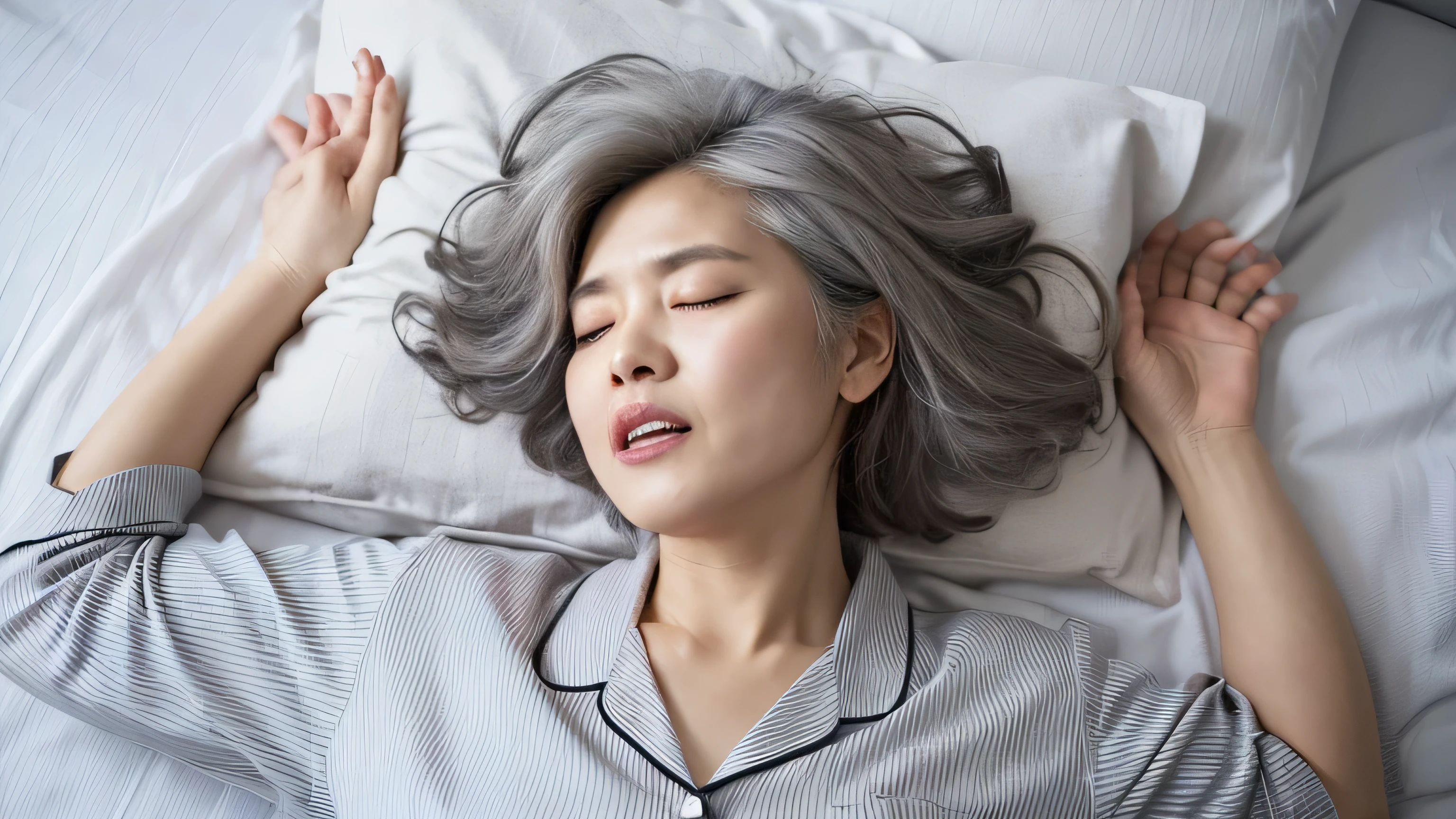 8k, RAW photo, best quality, masterpiece, realistic, photo-realistic, clear, professional lighting, beautiful face, best quality,ultra high res, BREAK jaopanese, asian, grandmother, (((the elderly))), women, (((solo))), (((lie on one's back))), (((sleeping))), (((open the mouth))), on the bed, (((gray hair))), (((wrinkle))), (((pajamas))), (((sorrowful)))