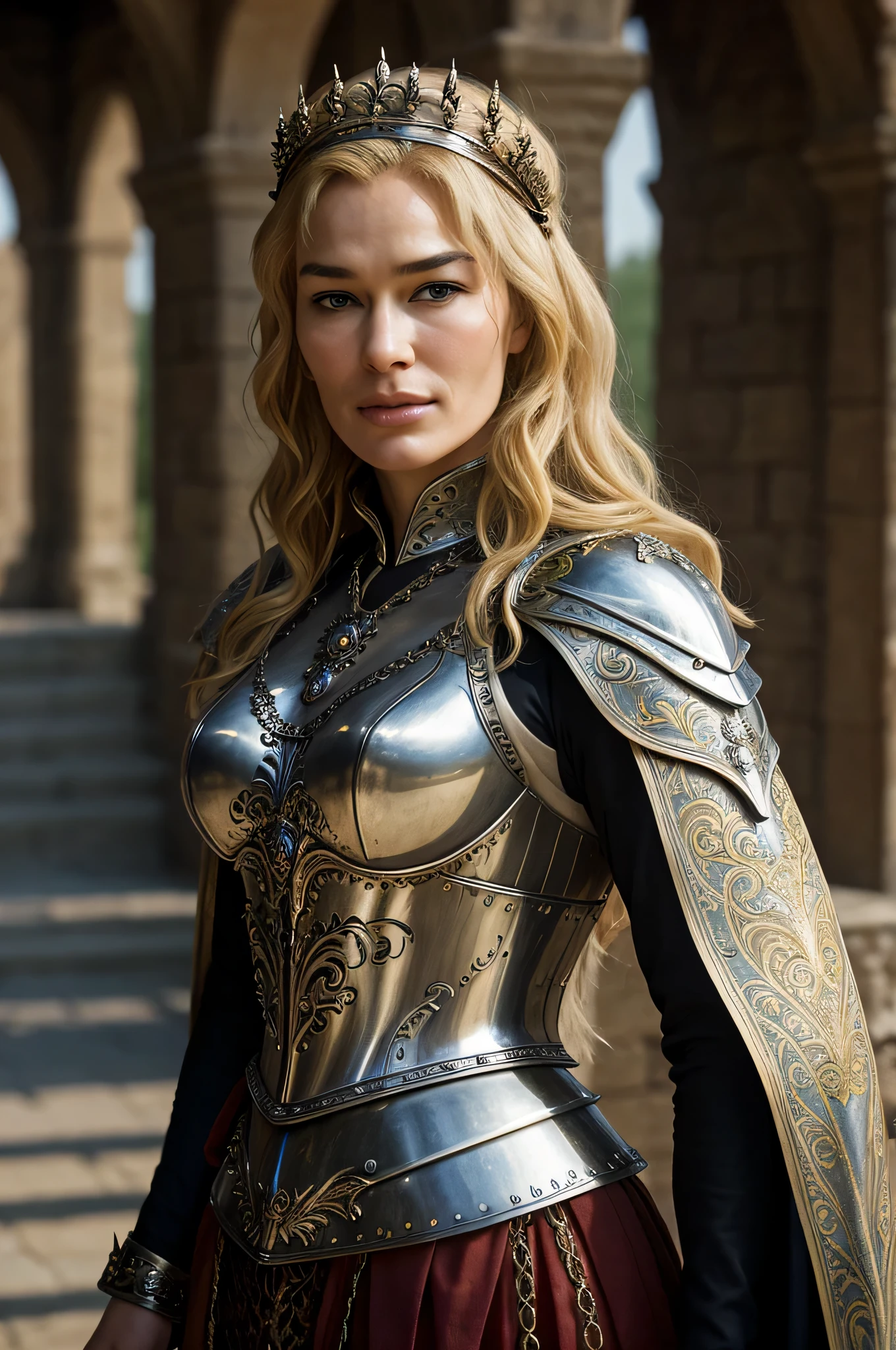 award-winning professional and realistic photo of beautiful Cersei Lannister as stereotypical high-fantasy (warrior queen), beautiful ornate (armour), ceremonial (armour), silver armour, outdoors with massive fantasy cityscape background, Lord of the Rings inspired, domineering expression, gorgeous long and silky hair, beautiful hands, detailed textures, sharp focus, ultra-high pixel detail, 16k RAW footage, masterpiece