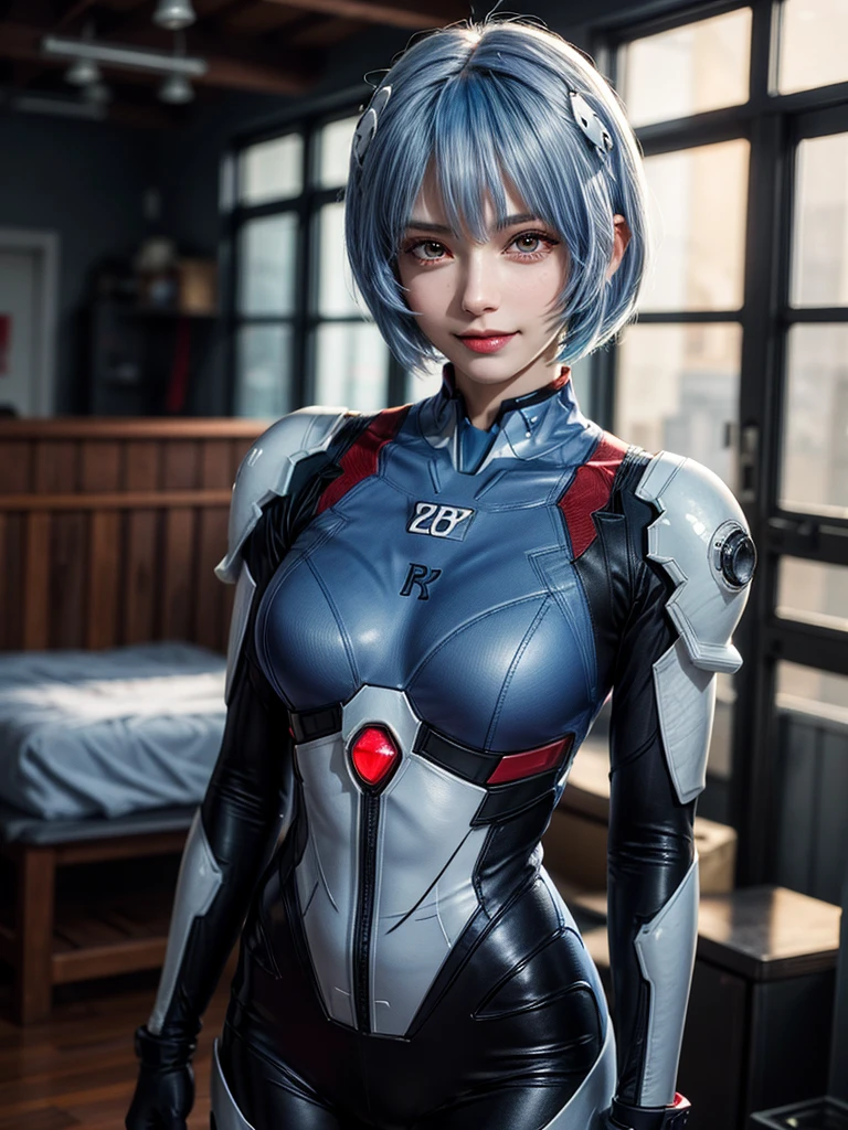 Masterpiece, highest quality, 8K, detailed skin texture, fine cloth texture, beautiful detailed face, intricate details, super detailed, portrait of Rei Ayanami, blue hair, red eyes, looking far away, no background, Evangelion Wearing a plug suit when riding, plug suit, whole body visible, standing, arms crossed, , beautiful, cute, great style, smiling