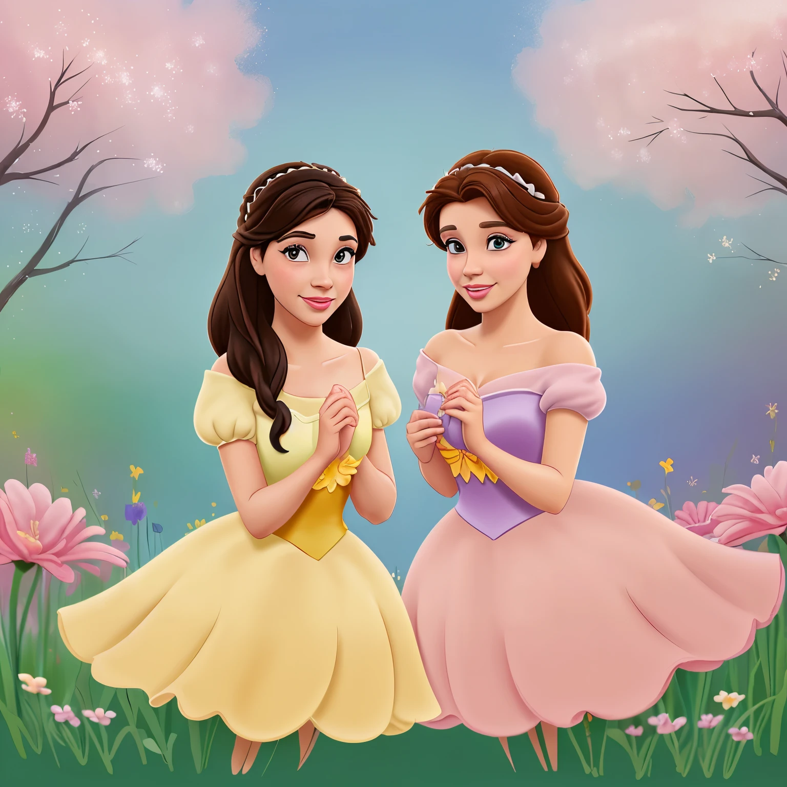2 sisters like Disney Princess in flowers. Cartoon