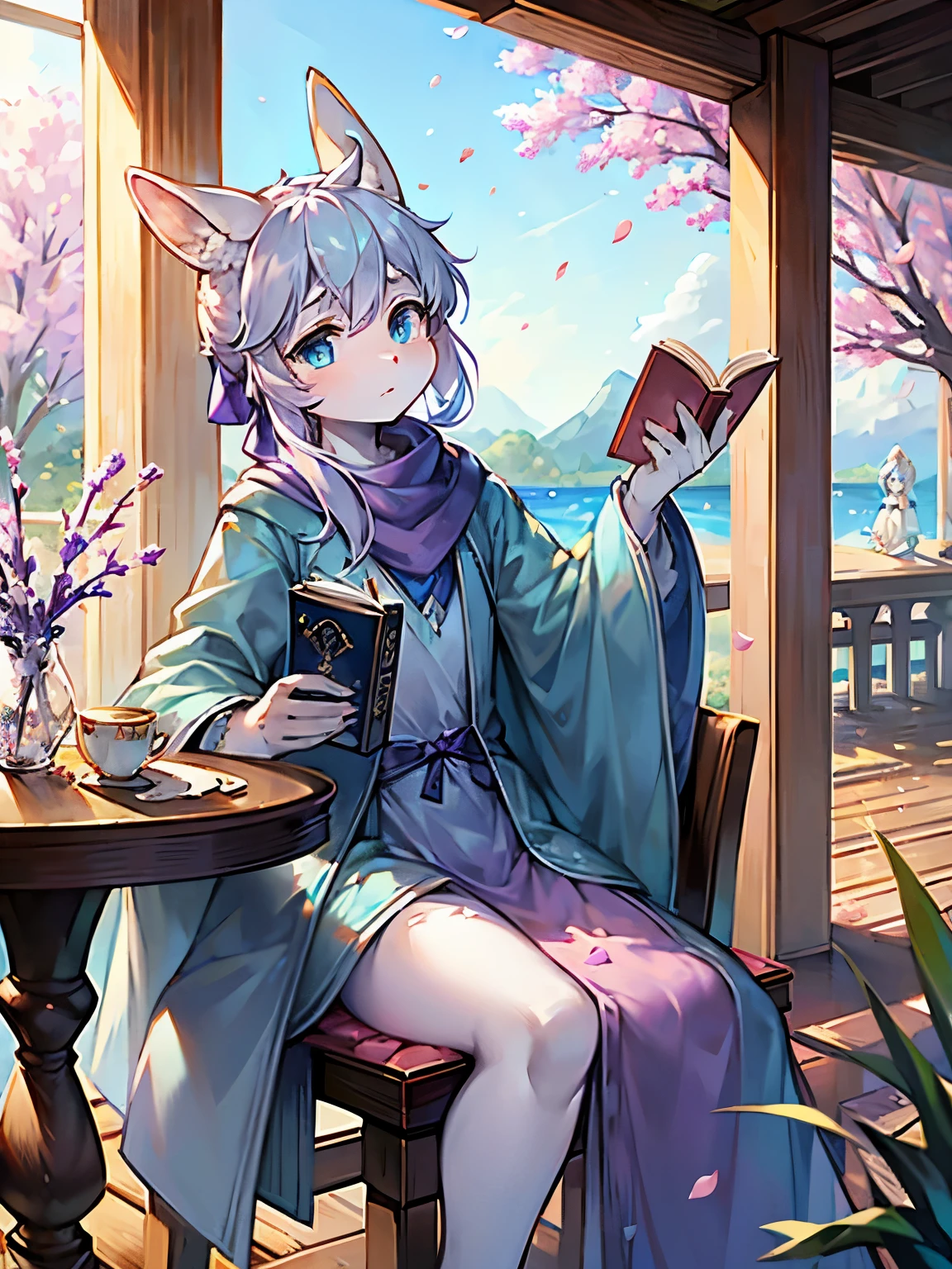 a white rabbit，bunny ears，blue eyes，Dark blue scarf，Light blue robe，Luxurious clothing，Sit in the pavilion，sea，plum tree，Falling plum petals，holding a book in hand，There is tea on the table，writing brush，Pink petals，blue clothes