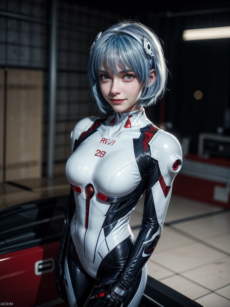 Masterpiece, highest quality, 8K, detailed skin texture, fine cloth texture, beautiful detailed face, intricate details, super detailed, portrait of Rei Ayanami, blue hair, red eyes, looking far away, no background, Evangelion Wearing a plug suit when riding, plug suit, whole body visible, standing, arms crossed, 15 years old, beautiful, cute, great style, smiling