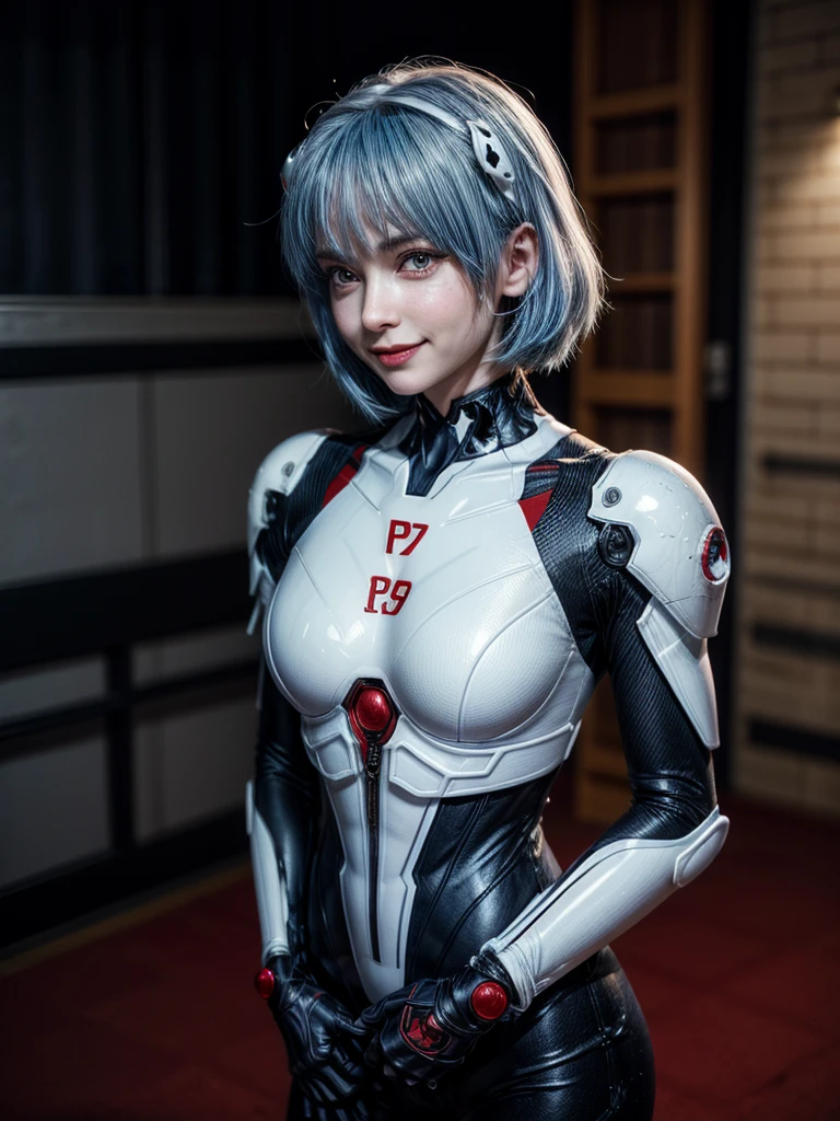 Masterpiece, highest quality, 8K, detailed skin texture, fine cloth texture, beautiful detailed face, intricate details, super detailed, portrait of Rei Ayanami, blue hair, red eyes, looking far away, no background, Evangelion Wearing a plug suit when riding, plug suit, whole body visible, standing, arms crossed, 15 years old, beautiful, cute, great style, smiling