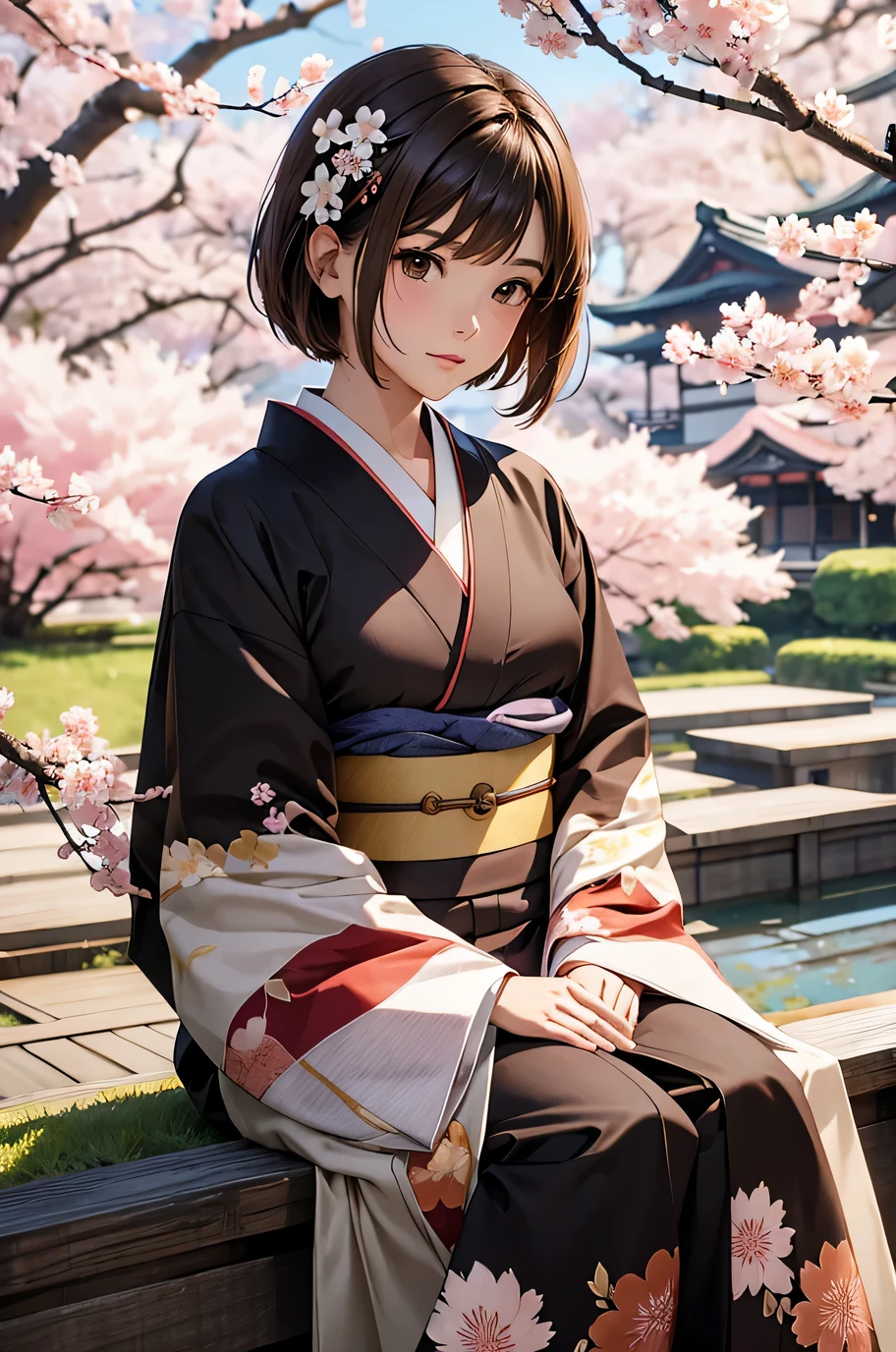 A  with short brown hair and brown eyes sitting wearing a traditional japanese kimono and surrounded by sakura trees