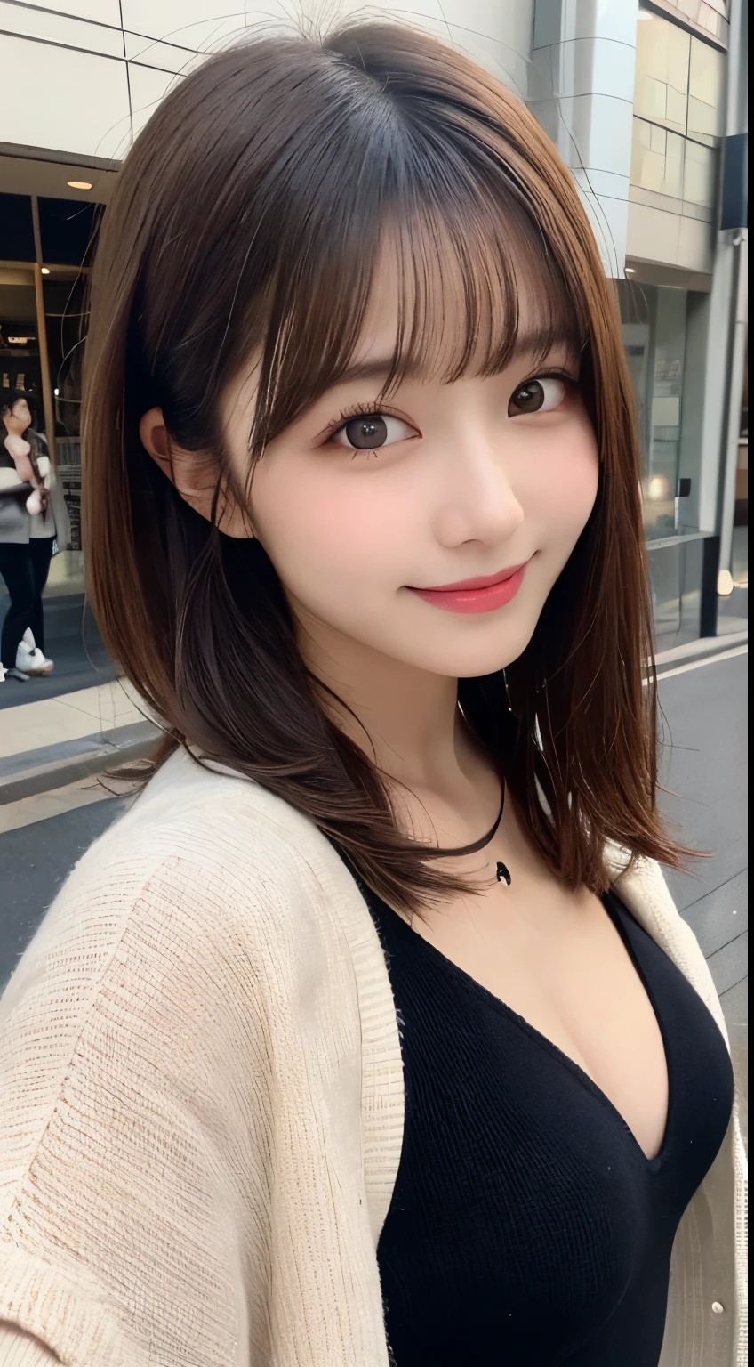 table top, highest quality, figure, Super detailed, finely, High resolution, 8k wallpaper, 完璧なダイナミックな構figure, detailed and beautiful eyes, Trendy women's fashion winter clothes,medium hair,small breasts natural color lip, bold sexy pose,smile,Harajuku、20 year old girl、cute、sexy shot looking at camera,Raw photo