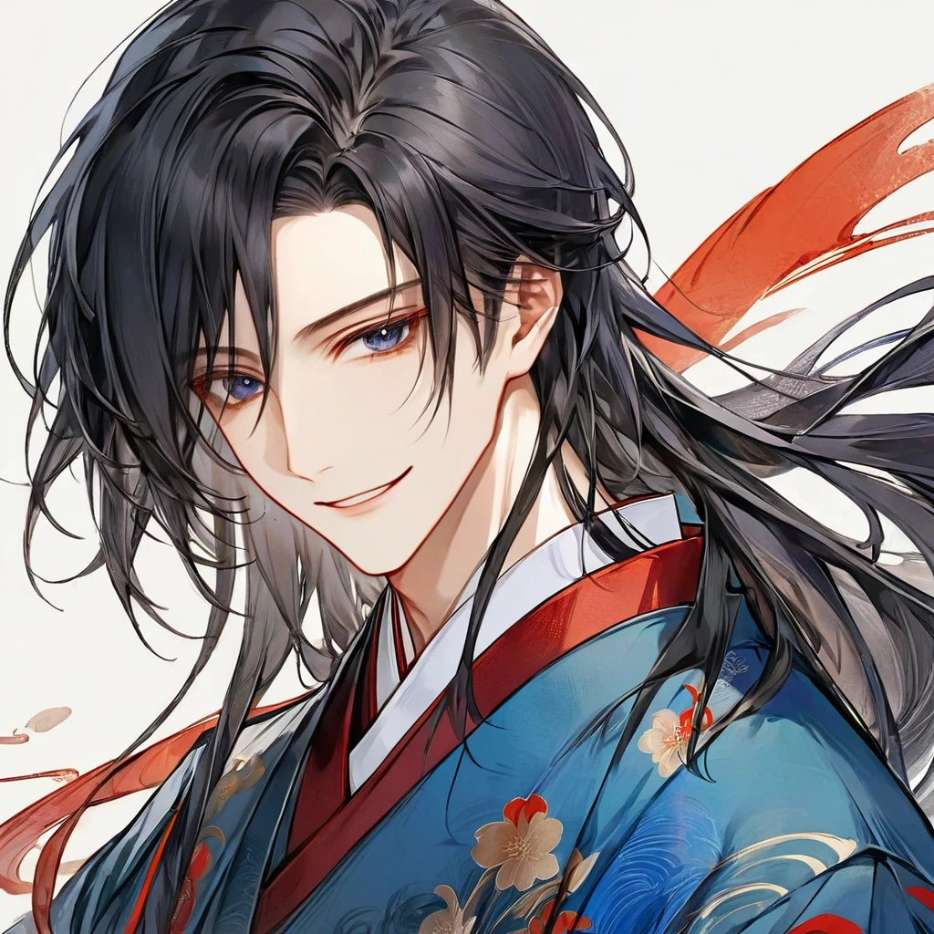 A man in a blue and red hanfu, in the style of an anime character design, in the Chinese painting style, a cartoon illustration, on a white background, an upper body portrait, with dark gray hair, the long straight black hair of a young male protagonist with an evil smile