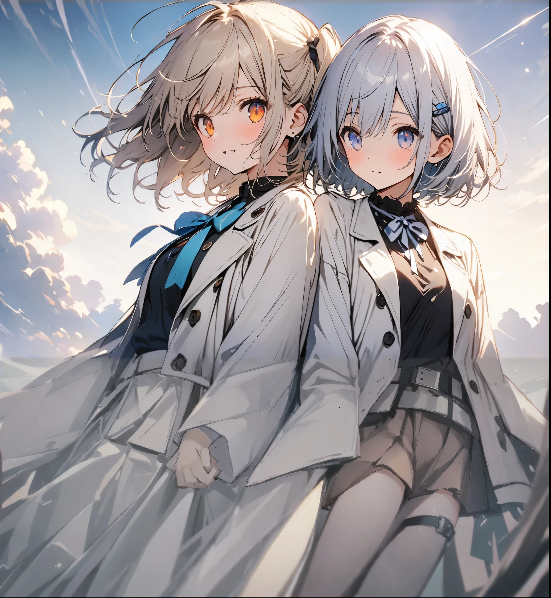 Anime characters standing in front of a cloudy sky and a blue sky, girl frontline style, from girl frontline, small details. girl frontline, girl frontline cg, girl frontline universe, Kantai Collection Style, girl frontline, Best Anime 4K Kona-chan Wallpaper, official artwork, From Arknights, everyone, From the Azur Lane video game, official art、white coat、white mini skirt、Refreshing、Long black socks、Absolute area