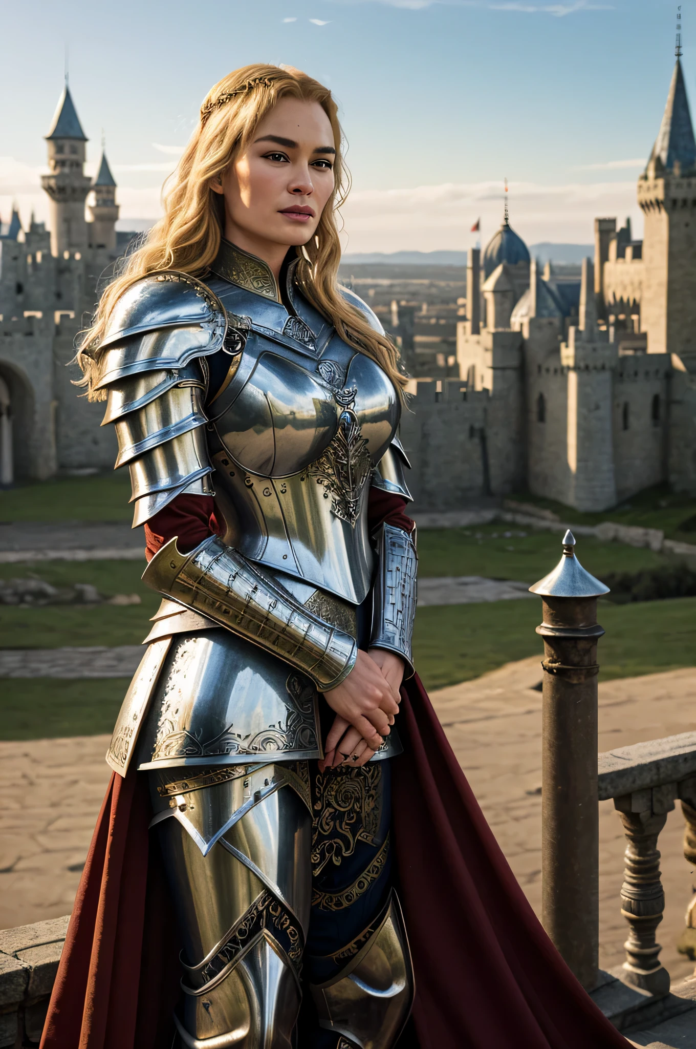 award-winning professional and realistic photo of beautiful Cersei Lannister as stereotypical high-fantasy (warrior queen), beautiful ornate (armour), ceremonial (armour), silver armour, outdoors with massive fantasy cityscape background, Lord of the Rings inspired, domineering expression, gorgeous long and silky hair, beautiful hands, detailed textures, sharp focus, ultra-high pixel detail, 16k RAW footage, masterpiece
