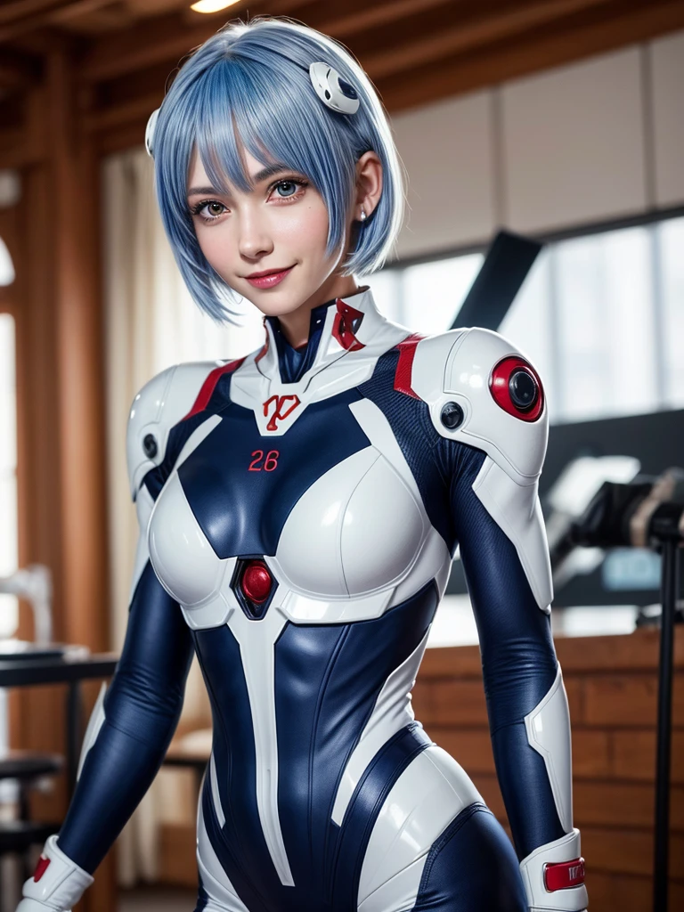 Masterpiece, highest quality, 8K, detailed skin texture, fine cloth texture, beautiful detailed face, intricate details, super detailed, portrait of Rei Ayanami, blue hair, red eyes, looking far away, no background, Evangelion Wearing a plug suit when riding, plug suit, whole body visible, standing, arms crossed, , beautiful, cute, great style, smiling