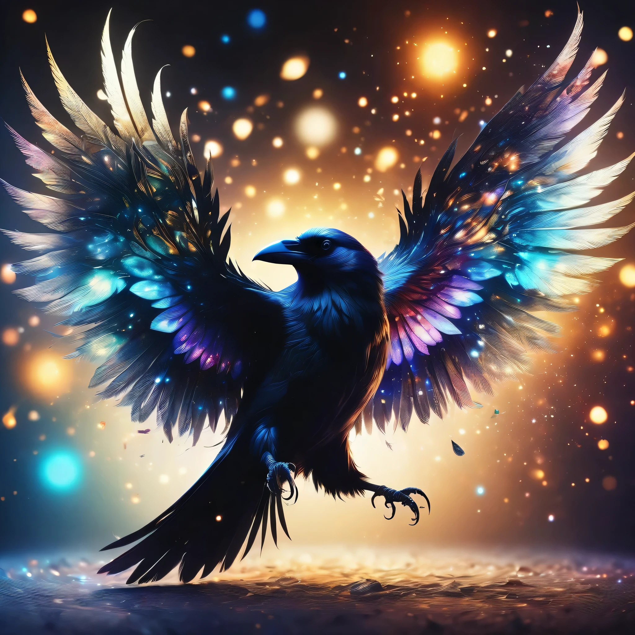 Close-up shot of a crow,masterpiece,best masterpiece,highest quality,rendering,dark fantasy,Paint in black or dark cool colors,dream-like,Detailed details,In detail,,dark color,beautiful light and shadow,magic,Inspiration,beautiful,rendering,Complex gradients,wonderful,particles of light,get used to it,masterpiece,best masterpiece,Art work using light,Artistic,get used to it,flapping its wings,spread your wings,Black and beautiful crow,finely,intricate details,shadow,Complex black watercolor expression using ink,Careful to every detail,Impressive,dark fantasyのmasterpiece