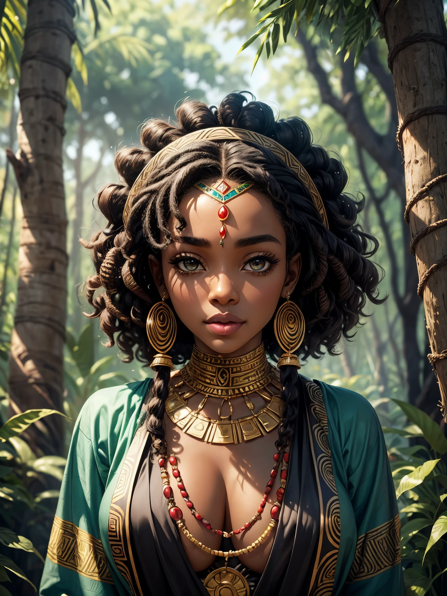 A beautiful black woman with black African skin, she is a princess of the forest, wearing tribal costumes with various African tribal accessories, by the body, cultural wakanda, Africans, she has wavy hair, curly brown hair, a beautiful sweet-looking woman, skinny;