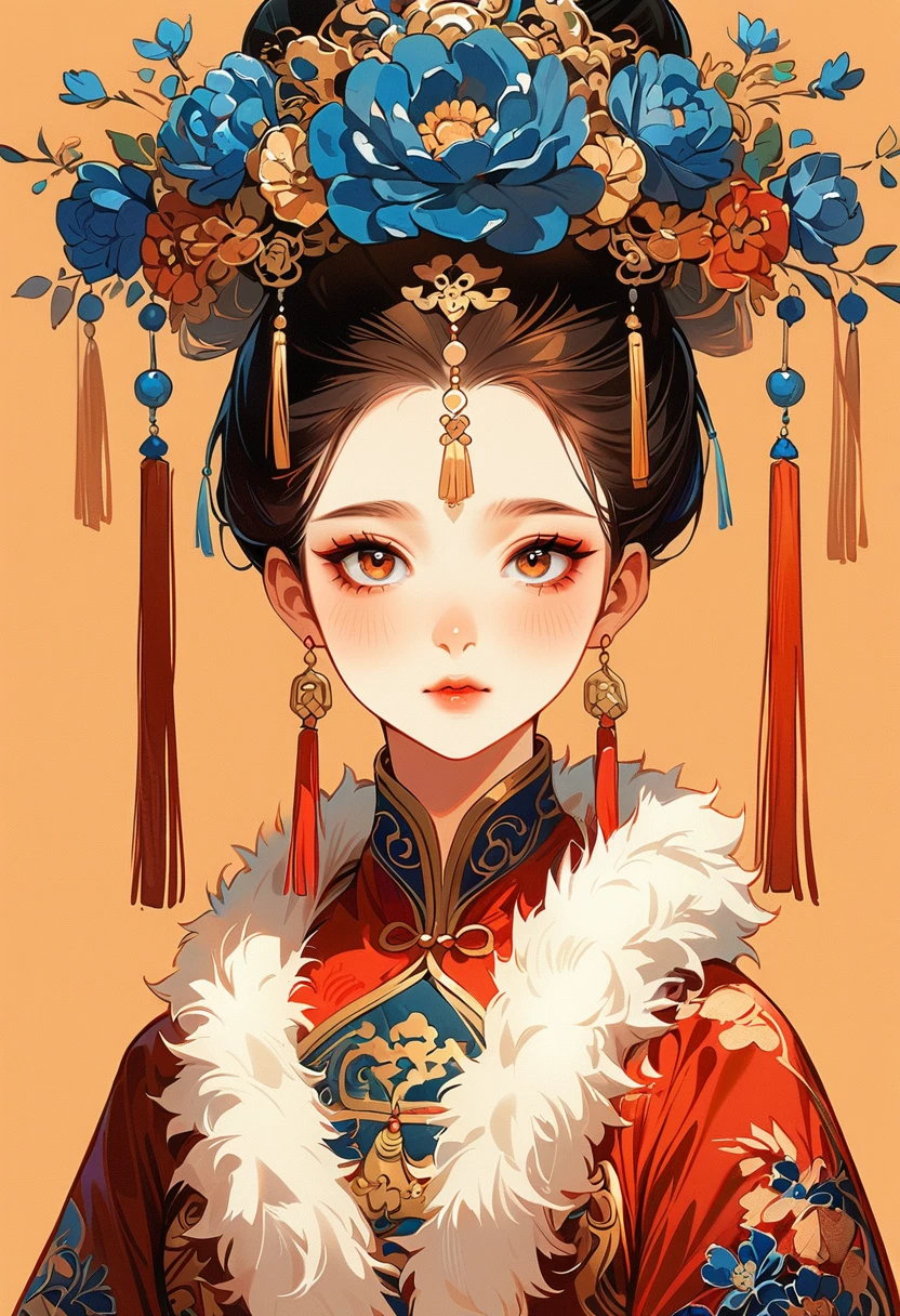 (masterpiece, best quality:1.2), 1 girl, alone,Queen of China,Has a beautiful face and big eyes, Wearing an ornate headdress with blue flowers and gold tassels. She is wearing a dark red Chinese dress,There is a white fur collar around the neck,Light orange background.