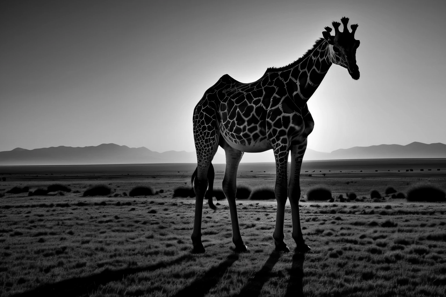 Minimalist black and white photography,black and white photography,Empty wilderness,Giraffe silhouette against the light,Perfect body shape,Strong contrast,Prime hour light and shadow,Panorama composition,Strong sense of perspective,32k,uhd,Minimalist photography,Award-winning photography,