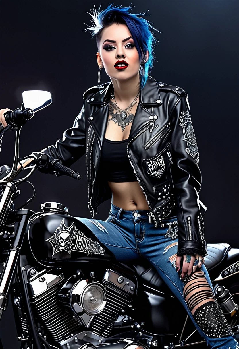 Mulher vestida de motoqueira, com blusa preta de couro de gang, with black leather pants and skull drawing t-shirt, com adornos de caveira, ao lado de uma moto harley davidson estilo anos 90, imagem estilo anos 90 com cores apagadas, imagem de noite em viela de cidade grande